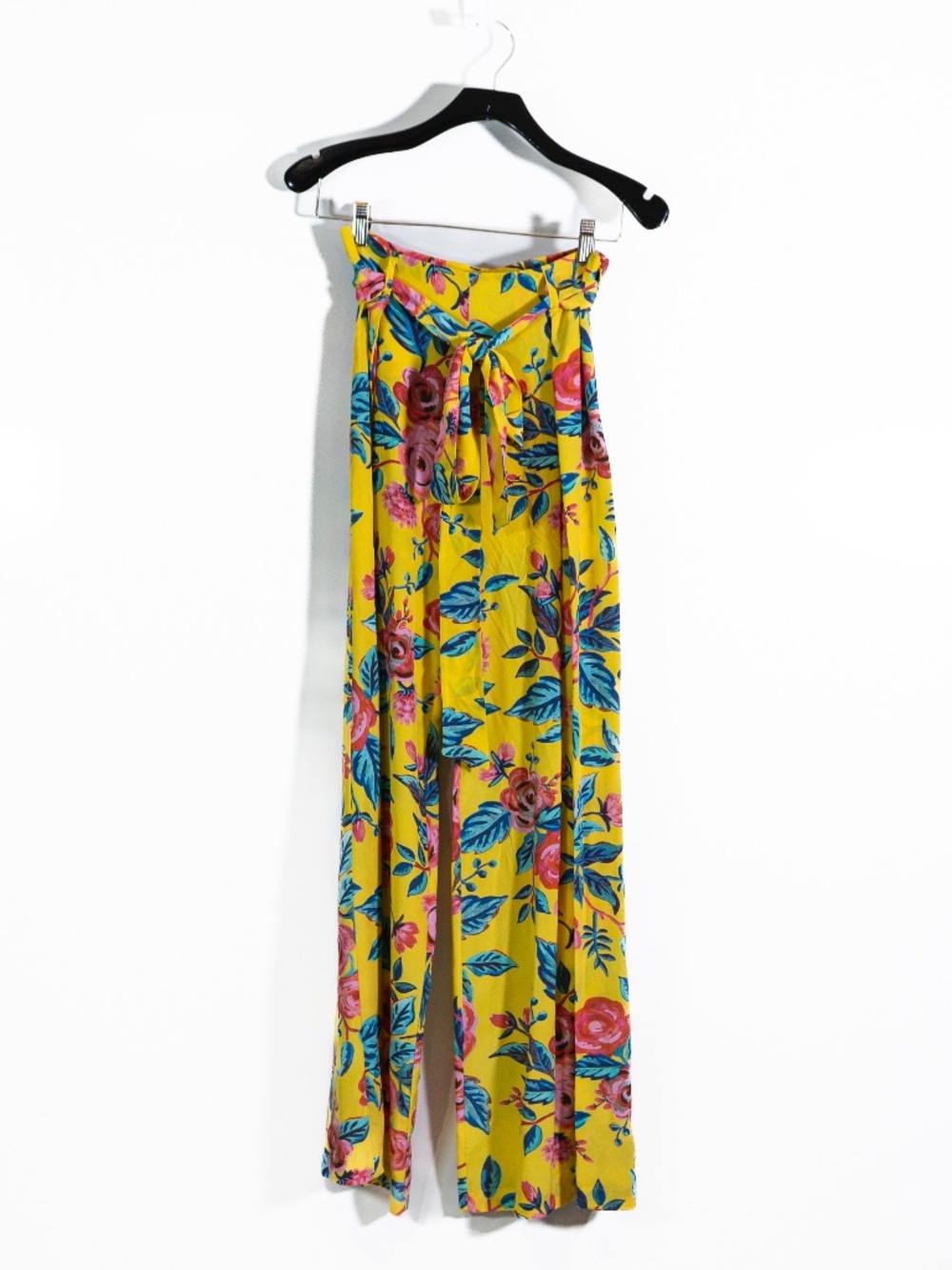 We Are Leone Silk Chiffon Yellow Floral Flower Print Pattern Straight Leg Pants